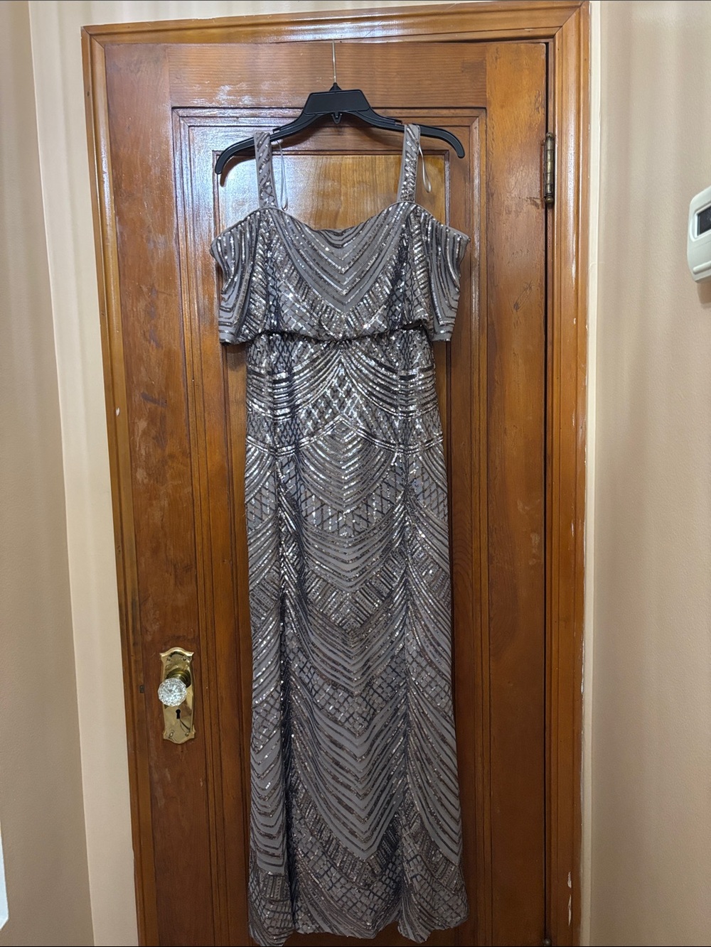 R&M Richards tan/beige Sequin Off-Shoulder Maxi Dress